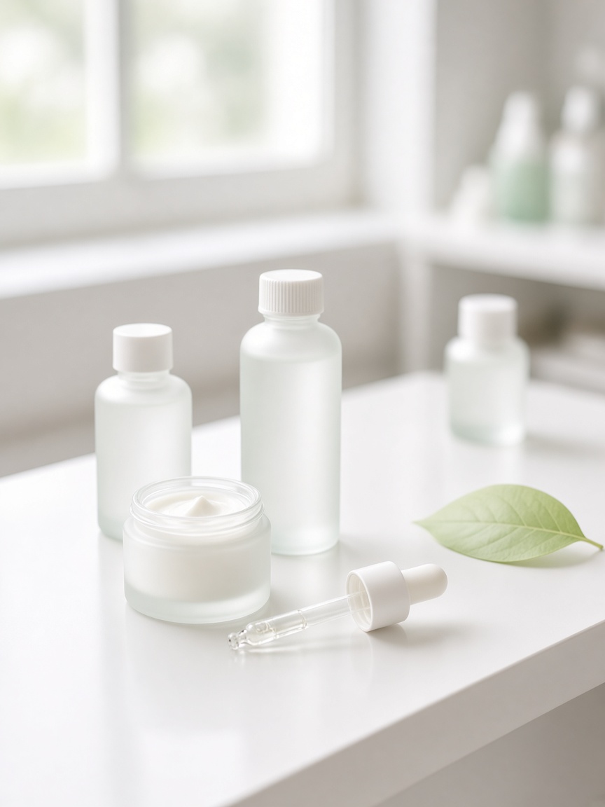 Cream, bottles, and a dropper on a laboratory bench