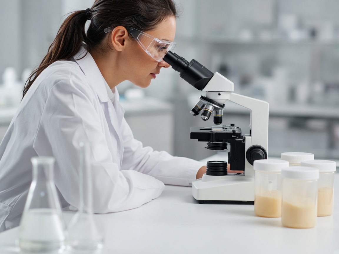 A technician checking a sample under a microscope