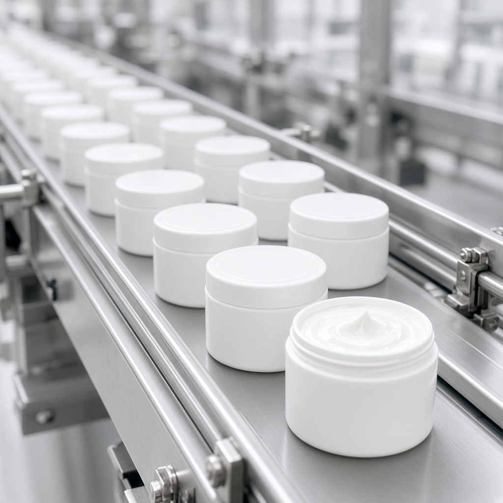 Cream jars on a production line